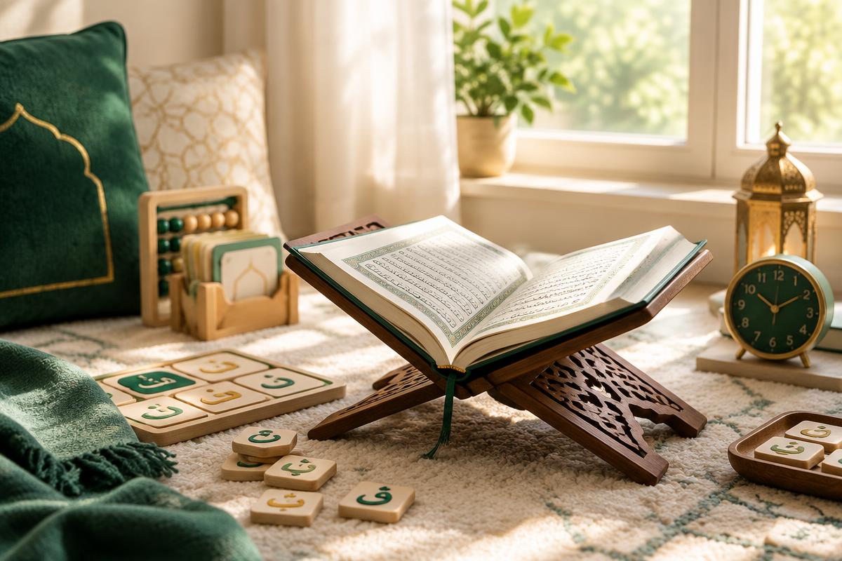 An open Quran with alphabet learning tools and a clock in a children's learning space