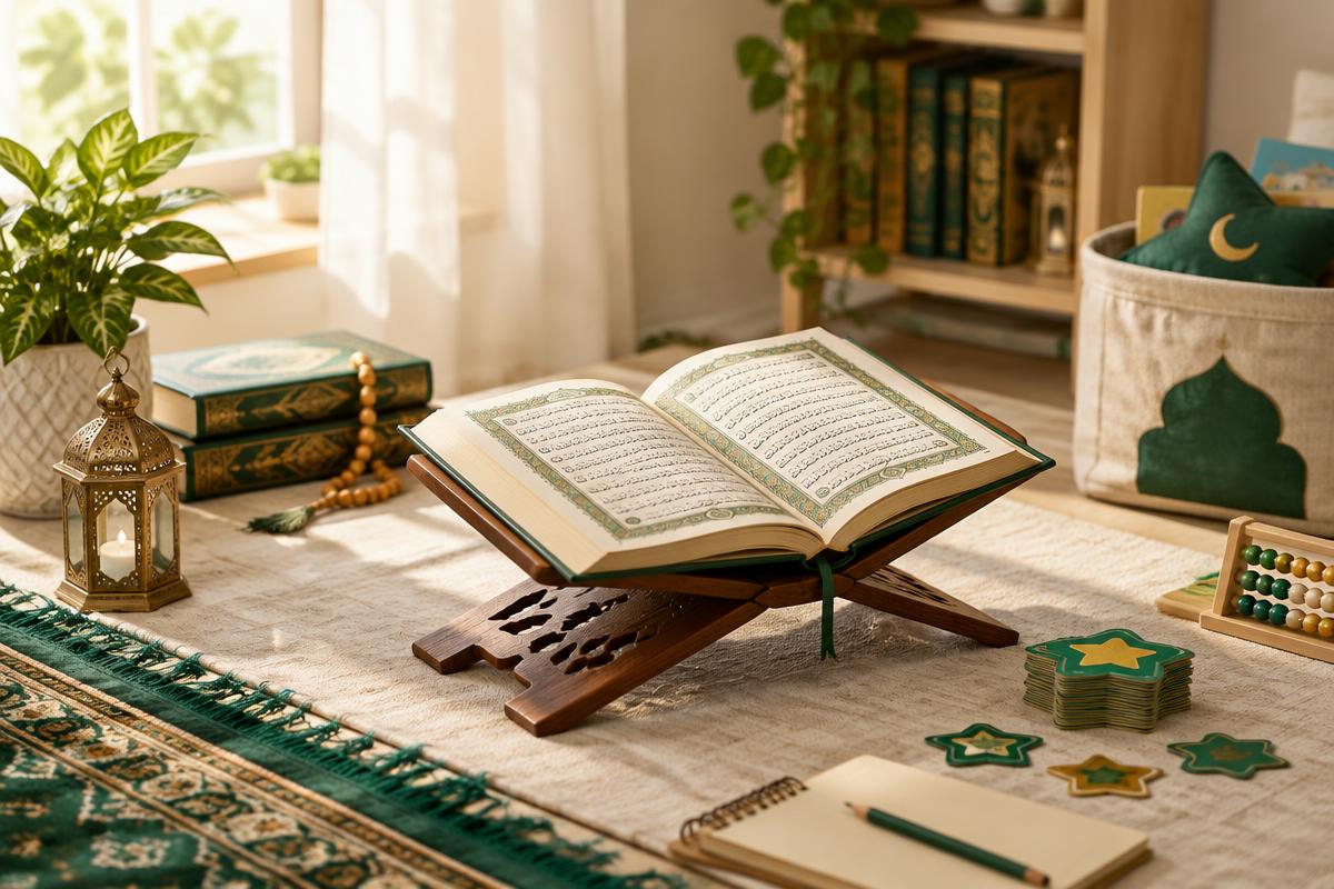 An open Quran in a warm, child-friendly learning corner for Quran memorization