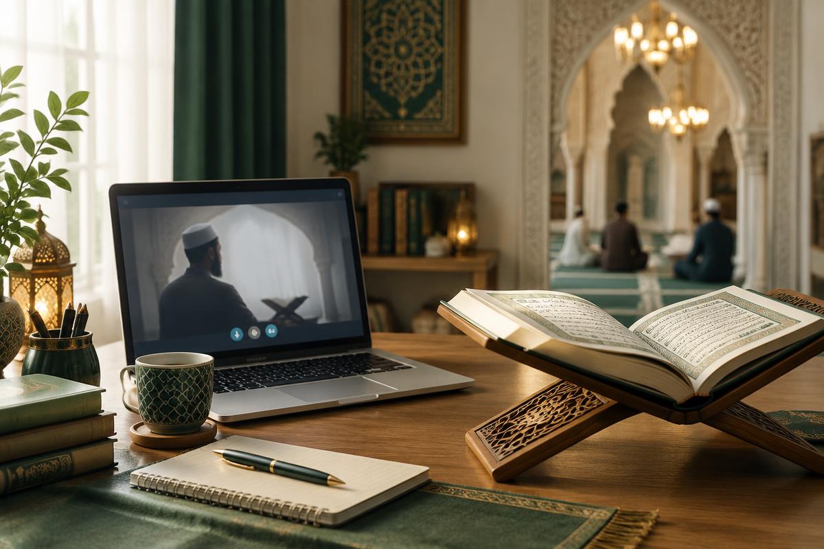 A laptop showing an online Quran lesson beside an open Quran with a mosque in the background