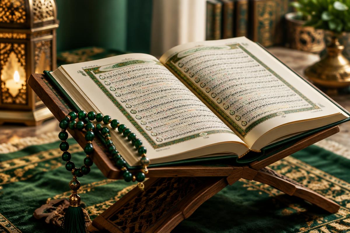 An open Quran and prayer beads representing learning Quran recitation with Tajweed