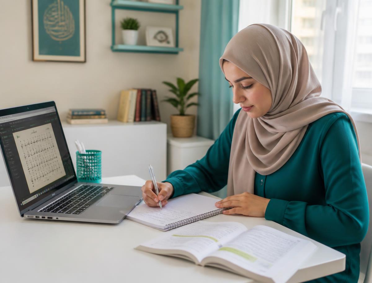 An adult learner practicing Arabic during a one-to-one online lesson at home
