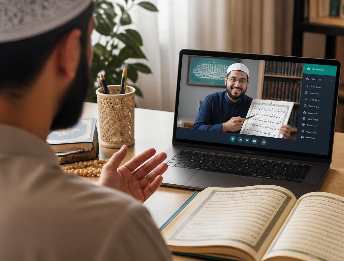 A teacher explaining Quran recitation during a live one-to-one online lesson